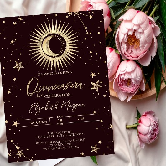Celestial Gold Sun Moon Stars Dark Quinceanera Kaart