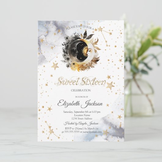 Celestial Gold Sun,Moon,Stars Flower Sweet 16 Kaart (Staand voorkant)
