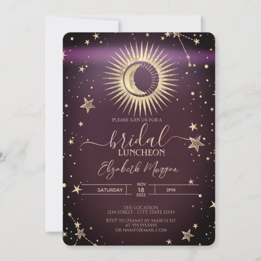 Celestial Gold Sun Moon Stars Luncheon Burgundy Kaart (Voorkant)