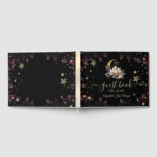 Celestial Gold Sun, Moon, Stars Rozen Night Sky Gastenboek (Volledig)