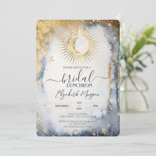 Celestial Gold Sun, Moon, Stars Waterverf Bridal Kaart (Staand voorkant)