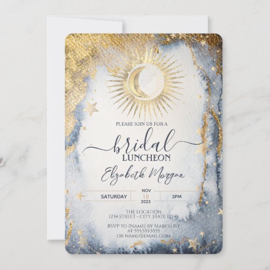 Celestial Gold Sun, Moon, Stars Waterverf Bridal Kaart (Voorkant)