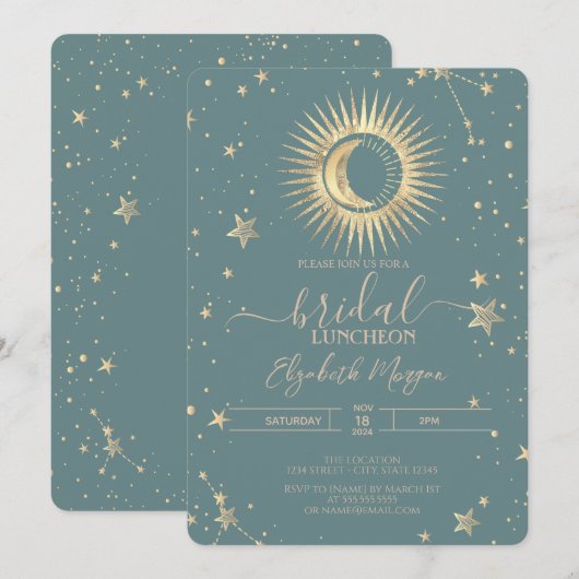 Celestial Gold Sun Moon Sterren Luncheon Mint Groe Kaart (Voorkant / Achterkant)