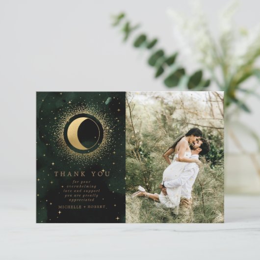 Celestial Gold Twee foto bruiloft dank u kaart (Staand voorkant)