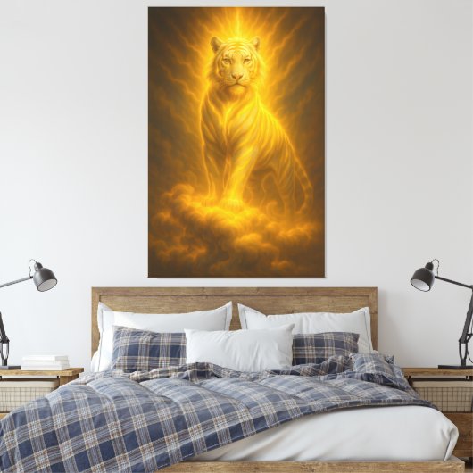 Celestial Golden Ascension White Tiger – Divine Ri Canvas Afdruk (Insitu (Slaapkamer))