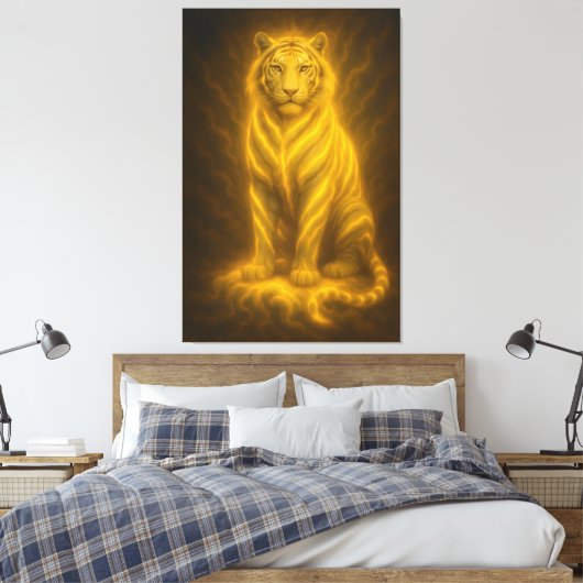 Celestial Golden Seated White Tiger – Divine Aura Canvas Afdruk (Insitu (Slaapkamer))