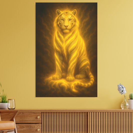 Celestial Golden Seated White Tiger – Divine Aura Canvas Afdruk (Insitu (Woonkamer))