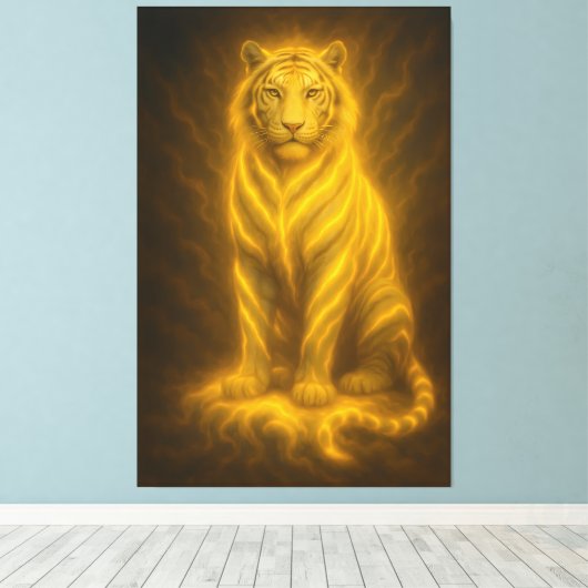Celestial Golden Seated White Tiger – Divine Aura Canvas Afdruk (Insitu (Houten vloer))