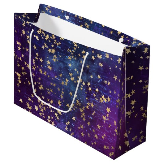 Celestial Golden Stars on Purple Galaxy Background Groot Cadeauzakje (Voorkant Gekanteld)
