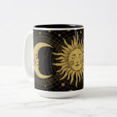  Celestial Golden Sun & Moon op zwart Tweekleurige Koffiemok (Voorkant links)