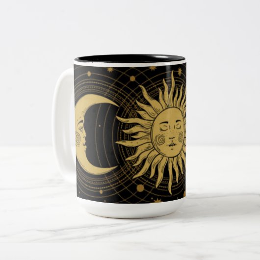 Celestial Golden Sun & Moon op zwart Tweekleurige Koffiemok (Voorkant links)