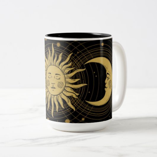  Celestial Golden Sun & Moon op zwart Tweekleurige Koffiemok (Voorkant rechts)