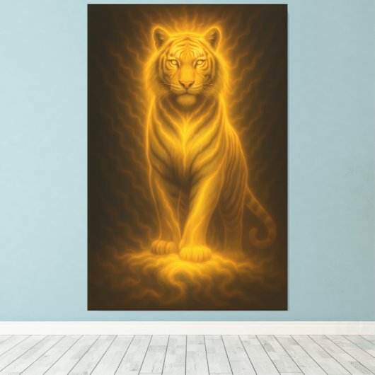 Celestial Golden White Tiger – Divine Halo Fantasy Canvas Afdruk (Insitu (Houten vloer))