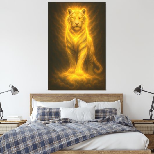 Celestial Golden White Tiger – Divine Halo Fine Ar Canvas Afdruk (Insitu (Slaapkamer))