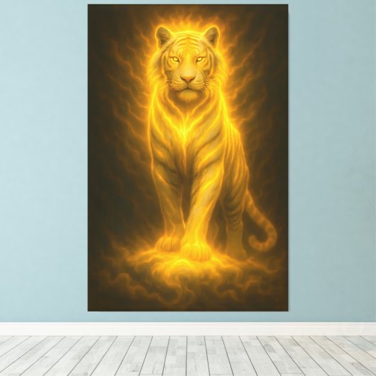 Celestial Golden White Tiger – Divine Halo Fine Ar Canvas Afdruk (Insitu (Houten vloer))