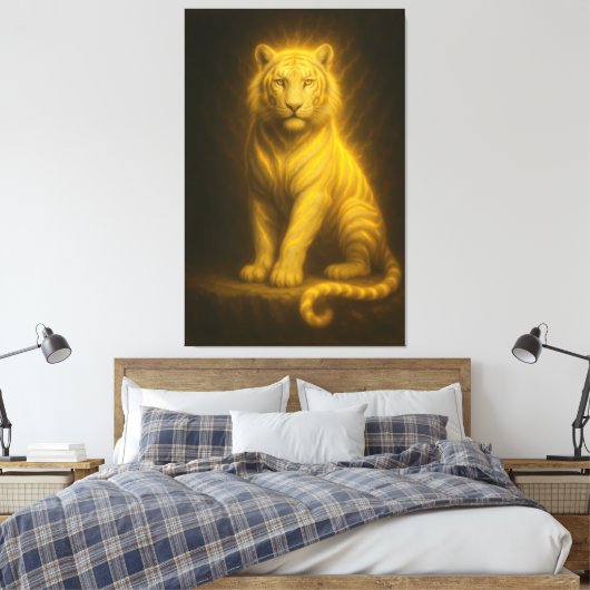 Celestial Golden White Tiger – Radiant Throne Aura Canvas Afdruk (Insitu (Slaapkamer))