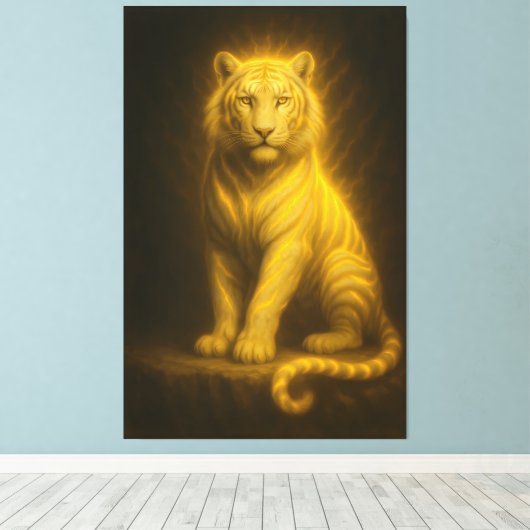 Celestial Golden White Tiger – Radiant Throne Aura Canvas Afdruk (Insitu (Houten vloer))