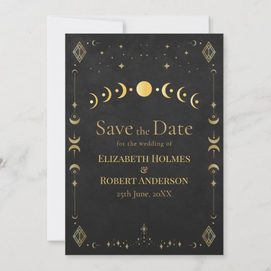 Celestial Gothic Black and Gold Save the Date Card (Voorkant)