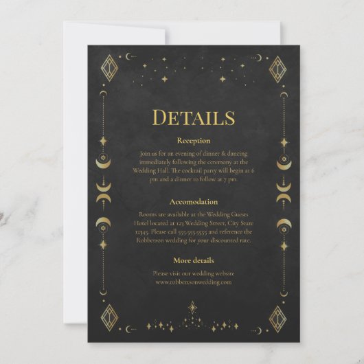 Celestial Gothic Black and Gold Wedding Details Kaart (Voorkant)