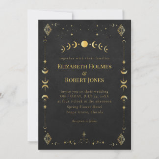 Celestial Gothic Black and Gold Wedding Invitation Kaart