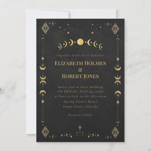 Celestial Gothic Black and Gold Wedding Invitation Kaart (Voorkant)