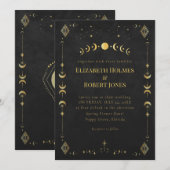 Celestial Gothic Black and Gold Wedding Invitation Kaart (Voorkant / Achterkant)