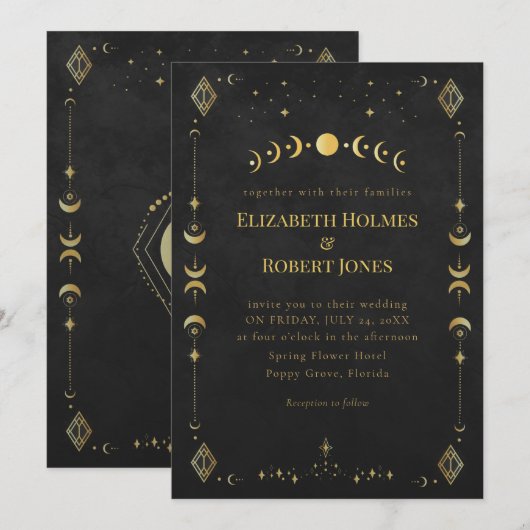 Celestial Gothic Black and Gold Wedding Invitation Kaart (Voorkant / Achterkant)