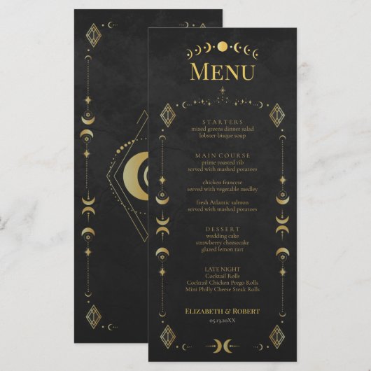 Celestial Gothic Black and Gold Wedding Menu Card (Voorkant / Achterkant)