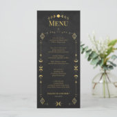 Celestial Gothic Black and Gold Wedding Menu Card (Staand voorkant)