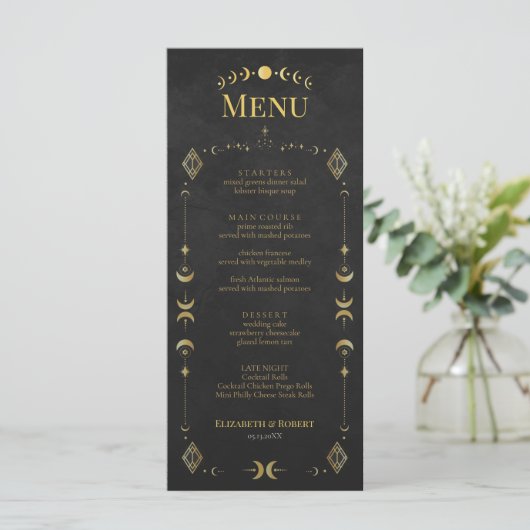 Celestial Gothic Black and Gold Wedding Menu Card (Staand voorkant)