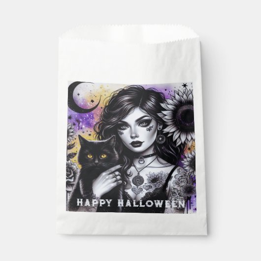 Celestial Gothic Witch en Zwarte Kat Bedankzakje (Voorkant)