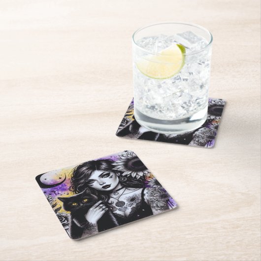 Celestial Gothic Witch en Zwarte Kat Kartonnen Onderzetters (Insitu)