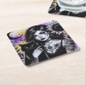 Celestial Gothic Witch en Zwarte Kat Kartonnen Onderzetters (Schuin)