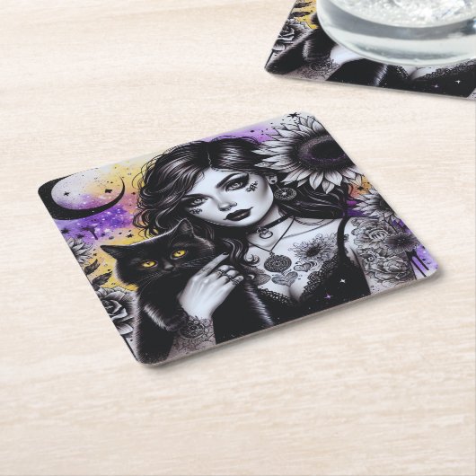 Celestial Gothic Witch en Zwarte Kat Kartonnen Onderzetters (Schuin)
