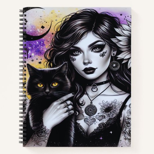 Celestial Gothic Witch en Zwarte Kat Notitieboek (Voorkant)