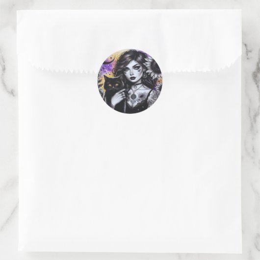Celestial Gothic Witch en Zwarte Kat Ronde Sticker (Tas)