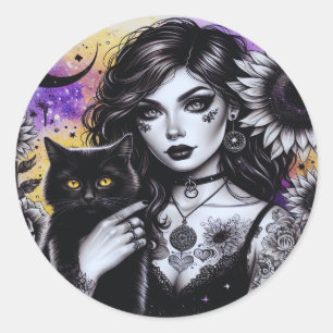 Celestial Gothic Witch en Zwarte Kat Ronde Sticker