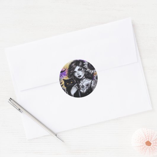 Celestial Gothic Witch en Zwarte Kat Ronde Sticker (Envelop)