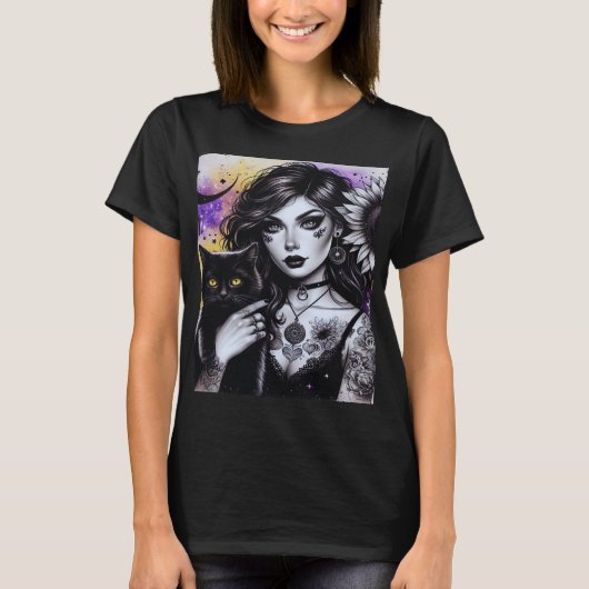 Celestial Gothic Witch en Zwarte Kat T-shirt (Voorkant)