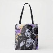 Celestial Gothic Witch en Zwarte Kat Tote Bag (Voorkant)