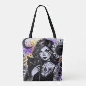 Celestial Gothic Witch en Zwarte Kat Tote Bag (Achterkant)