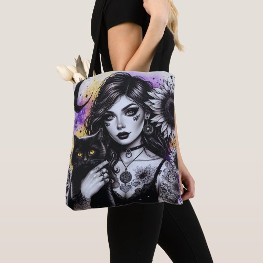 Celestial Gothic Witch en Zwarte Kat Tote Bag (Dichtbij)