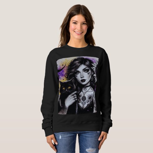 Celestial Gothic Witch en Zwarte Kat Trui (Voorkant volledig)