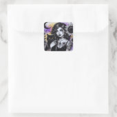 Celestial Gothic Witch en Zwarte Kat Vierkante Sticker (Tas)