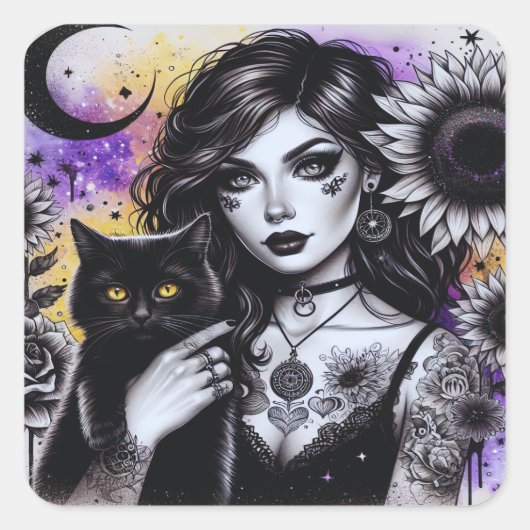 Celestial Gothic Witch en Zwarte Kat Vierkante Sticker (Voorkant)