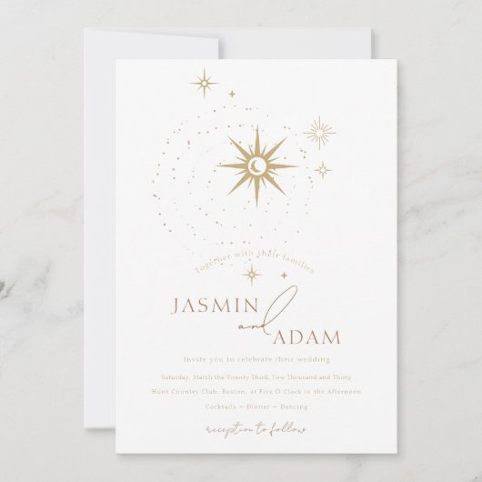 Celestial Goud en Witte Sterren Bruiloft Kaart (Voorkant)