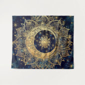Celestial Goud Mandala Zon Maan Galaxy Blauwe Nach Wandkleed (Voorkant (horizontaal))