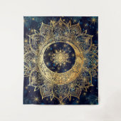 Celestial Goud Mandala Zon Maan Galaxy Blauwe Nach Wandkleed (Voorkant)