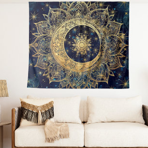 Celestial Goud Mandala Zon Maan Galaxy Blauwe Nach Wandkleed