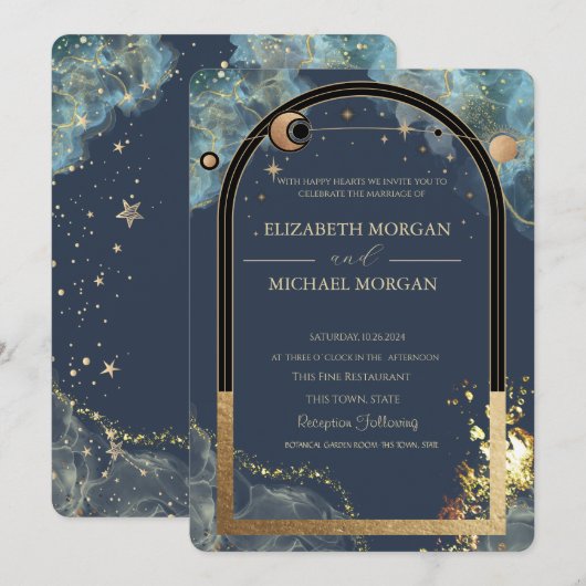 Celestial Goud Zon Maan Goud Glitter Bruiloft Kaart (Voorkant / Achterkant)